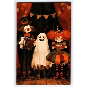 Vintage Halloween Photochrome Postcard with Clown, Ghost & Doll